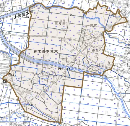 荒木町下荒木とその周辺の地図。町の範囲を重ねている