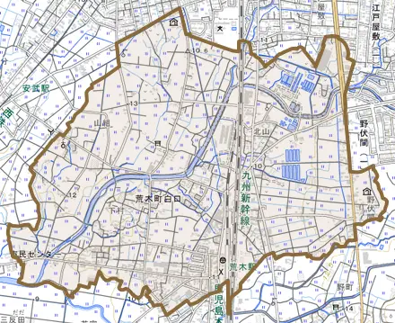 荒木町白口とその周辺の地図。町の範囲を重ねている