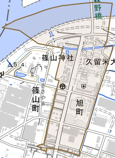 旭町とその周辺の地図。町の範囲を重ねている