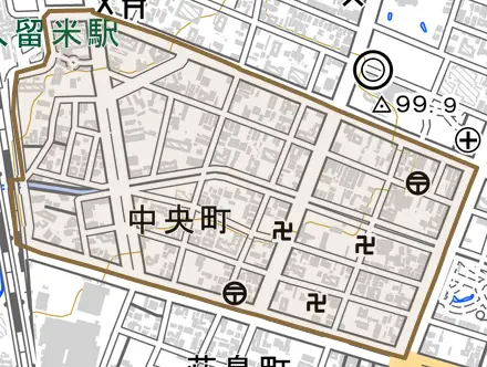 中央町とその周辺の地図。町の範囲を重ねている