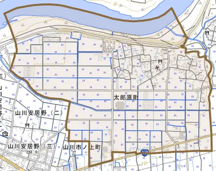 太郎原町とその周辺の地図。町の範囲を重ねている