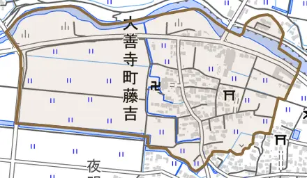 大善寺町藤吉とその周辺の地図。町の範囲を重ねている