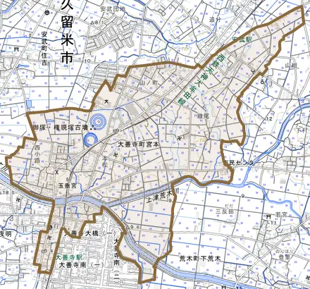 大善寺町宮本とその周辺の地図。町の範囲を重ねている