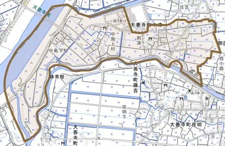 大善寺町中津とその周辺の地図。町の範囲を重ねている