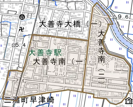 大善寺南とその周辺の地図。町の範囲を重ねている