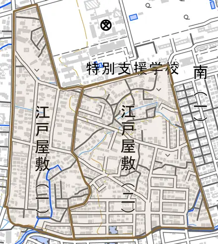 江戸屋敷とその周辺の地図。町の範囲を重ねている