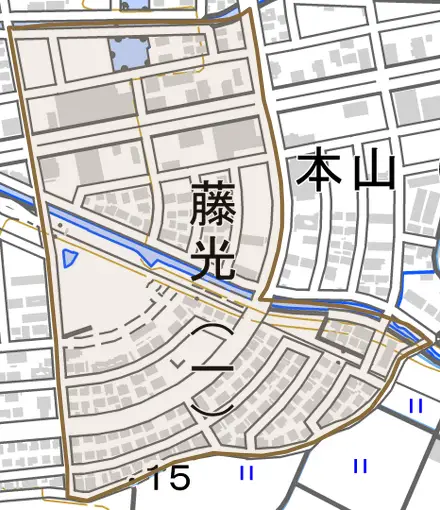 藤光とその周辺の地図。町の範囲を重ねている