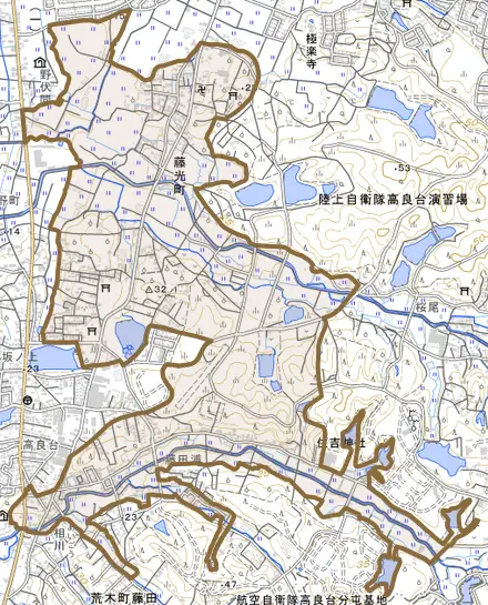 藤光町とその周辺の地図。町の範囲を重ねている