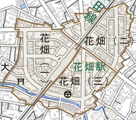 花畑とその周辺の地図。町の範囲を重ねている