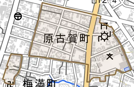 原古賀町とその周辺の地図。町の範囲を重ねている