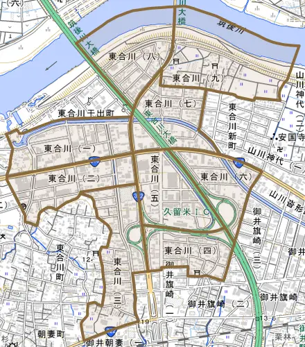 東合川とその周辺の地図。町の範囲を重ねている