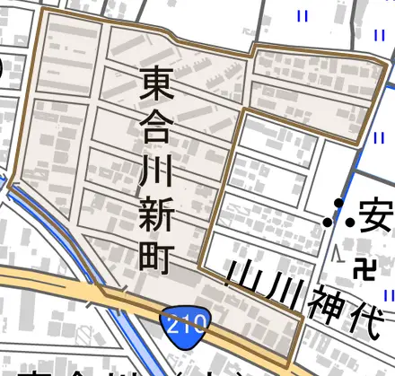 東合川新町とその周辺の地図。町の範囲を重ねている