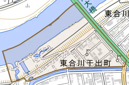 東合川干出町とその周辺の地図。町の範囲を重ねている