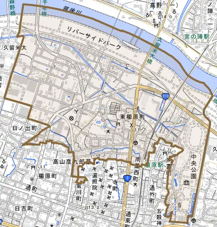東櫛原町とその周辺の地図。町の範囲を重ねている