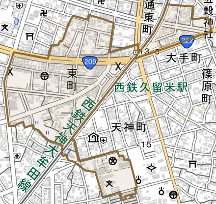 東町とその周辺の地図。町の範囲を重ねている