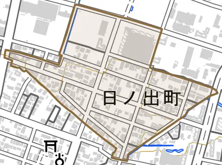日ノ出町とその周辺の地図。町の範囲を重ねている