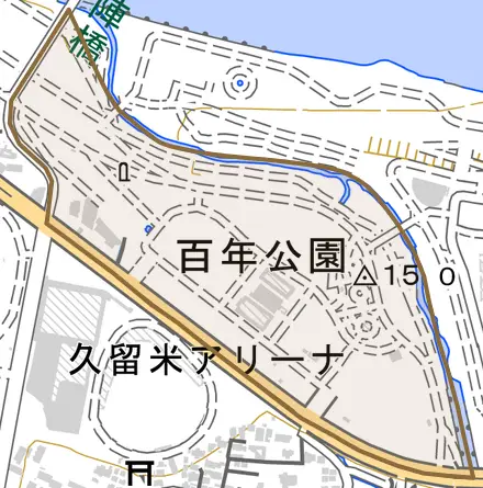 百年公園とその周辺の地図。町の範囲を重ねている