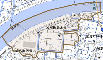 城島町青木島とその周辺の地図。町の範囲を重ねている
