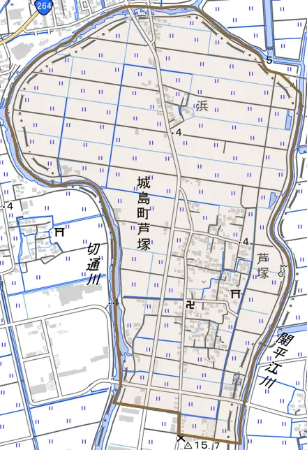 城島町芦塚とその周辺の地図。町の範囲を重ねている