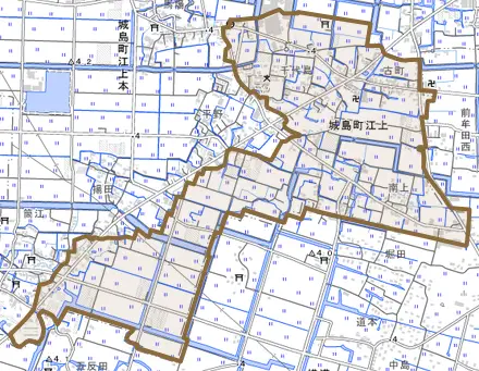城島町江上とその周辺の地図。町の範囲を重ねている