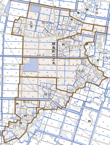 城島町江上本とその周辺の地図。町の範囲を重ねている