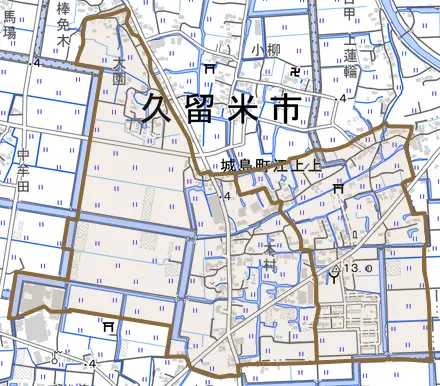 城島町江上上とその周辺の地図。町の範囲を重ねている