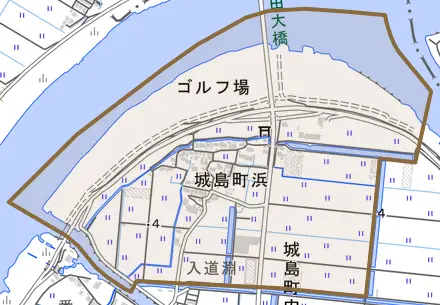 城島町浜とその周辺の地図。町の範囲を重ねている