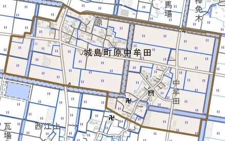 城島町原中牟田とその周辺の地図。町の範囲を重ねている