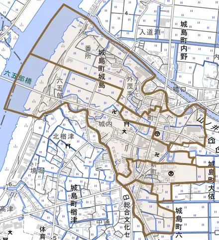 城島町城島とその周辺の地図。町の範囲を重ねている
