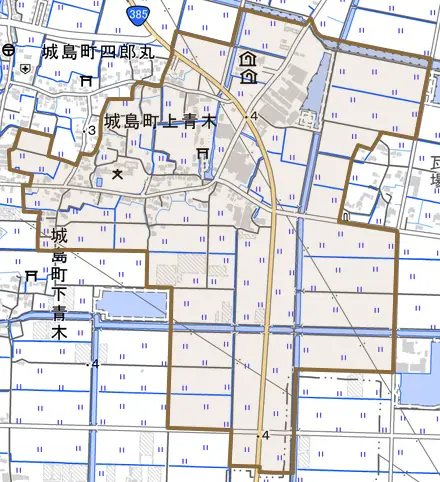 城島町上青木とその周辺の地図。町の範囲を重ねている