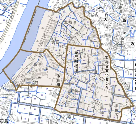 城島町楢津とその周辺の地図。町の範囲を重ねている