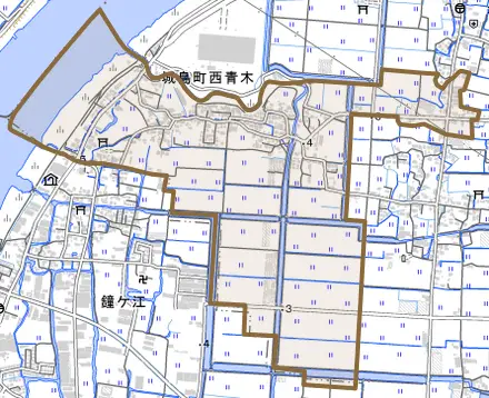 城島町西青木とその周辺の地図。町の範囲を重ねている