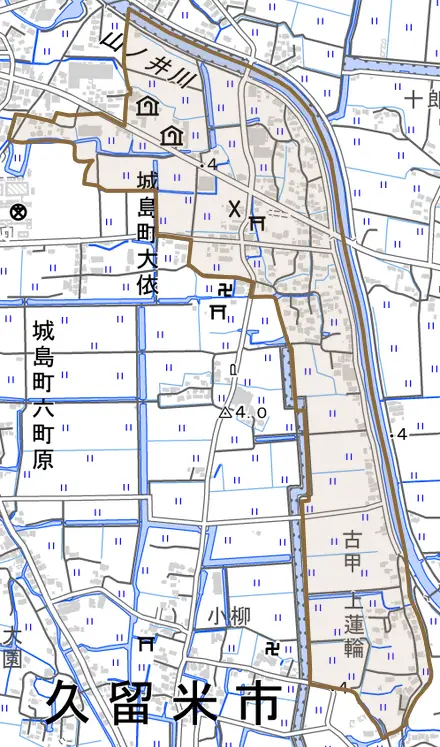 城島町大依とその周辺の地図。町の範囲を重ねている