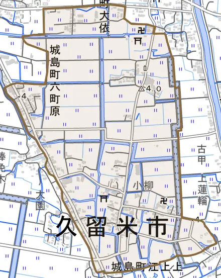 城島町六町原とその周辺の地図。町の範囲を重ねている