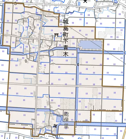 城島町下青木とその周辺の地図。町の範囲を重ねている