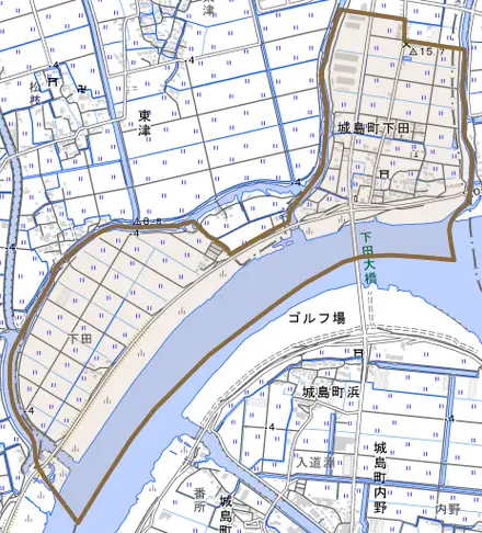 城島町下田とその周辺の地図。町の範囲を重ねている