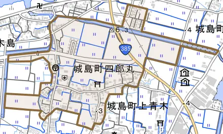 城島町四郎丸とその周辺の地図。町の範囲を重ねている