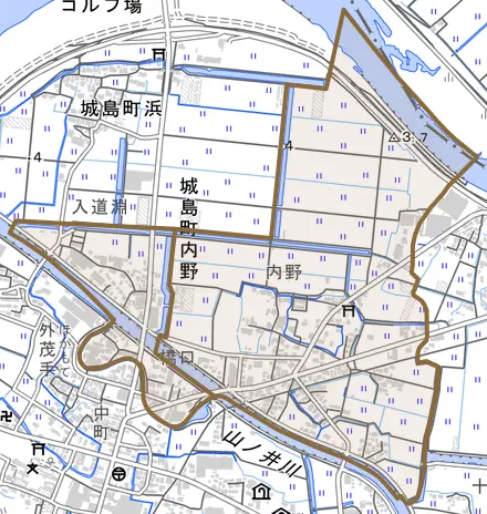 城島町内野とその周辺の地図。町の範囲を重ねている