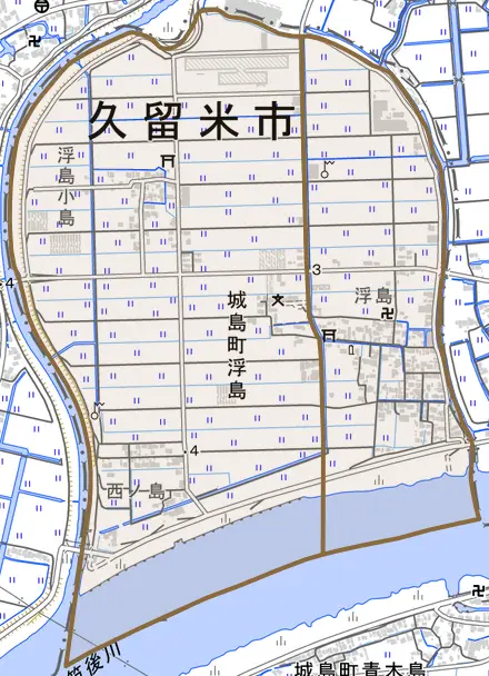 城島町浮島とその周辺の地図。町の範囲を重ねている