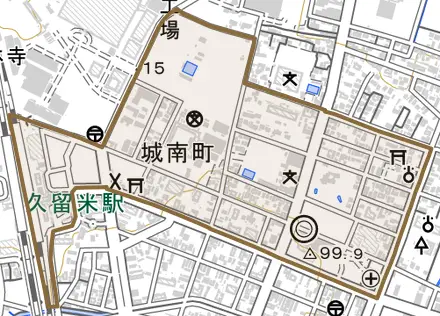 城南町とその周辺の地図。町の範囲を重ねている