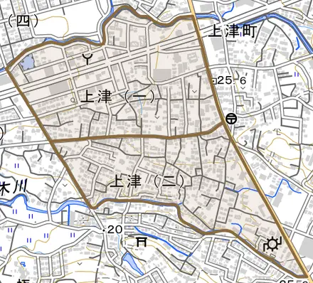 上津とその周辺の地図。町の範囲を重ねている