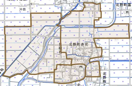 北野町赤司とその周辺の地図。町の範囲を重ねている