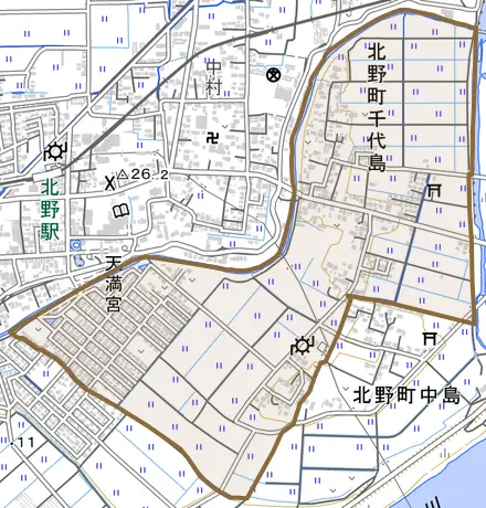 北野町千代島とその周辺の地図。町の範囲を重ねている