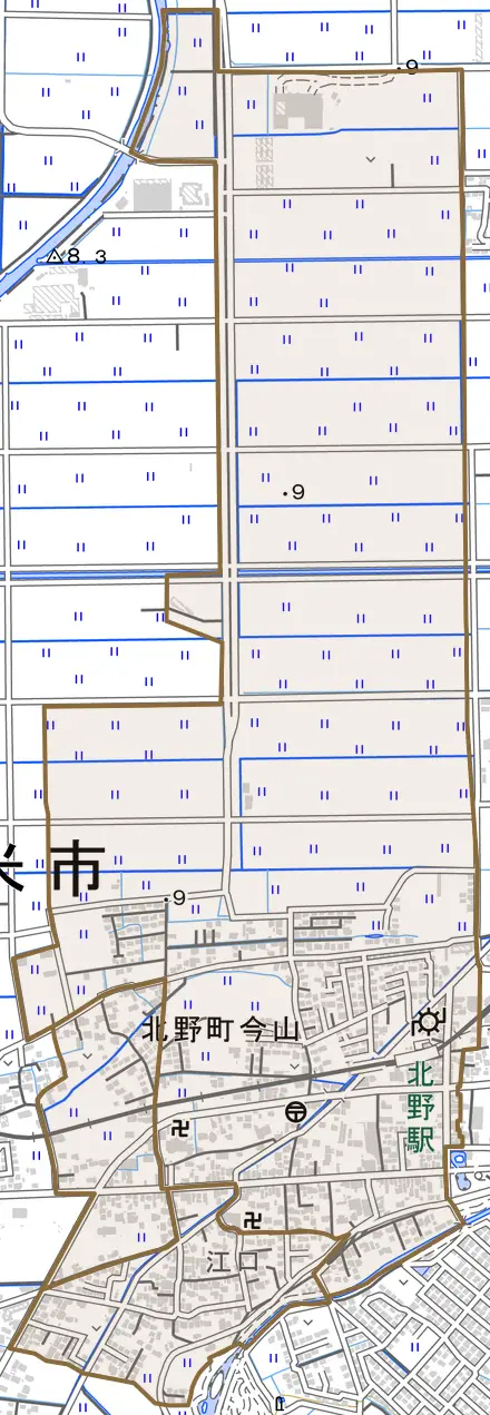 北野町今山とその周辺の地図。町の範囲を重ねている
