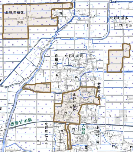 北野町稲数とその周辺の地図。町の範囲を重ねている