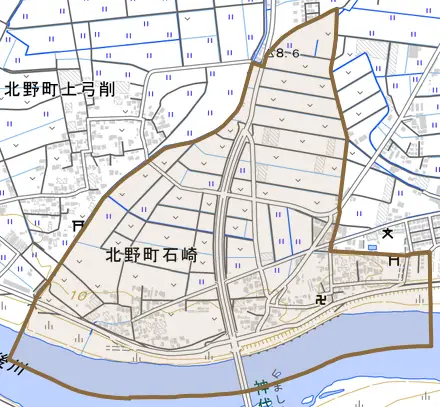 北野町石崎とその周辺の地図。町の範囲を重ねている
