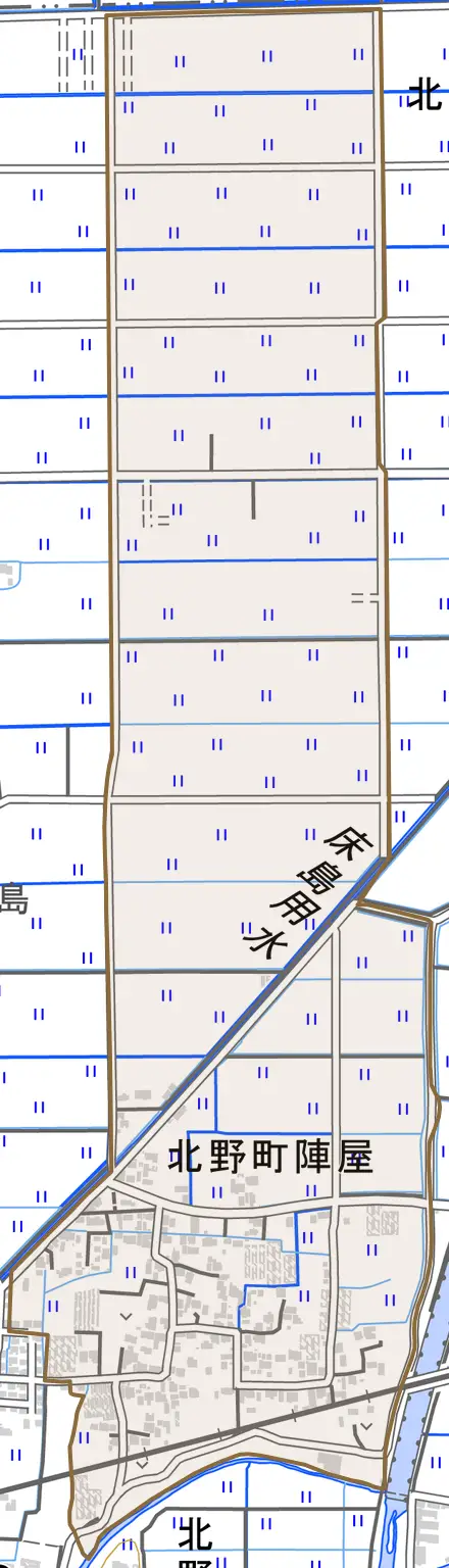 北野町陣屋とその周辺の地図。町の範囲を重ねている