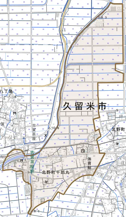 北野町十郎丸とその周辺の地図。町の範囲を重ねている