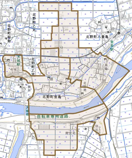 北野町金島とその周辺の地図。町の範囲を重ねている