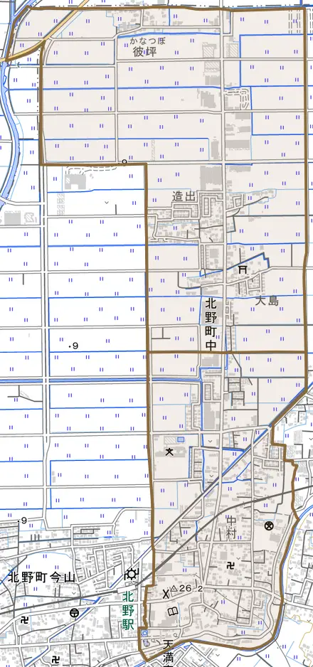 北野町中とその周辺の地図。町の範囲を重ねている